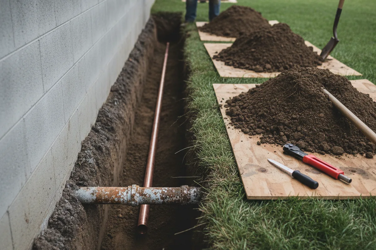 Excavated water line trench during Water Heater Repair in Worthington